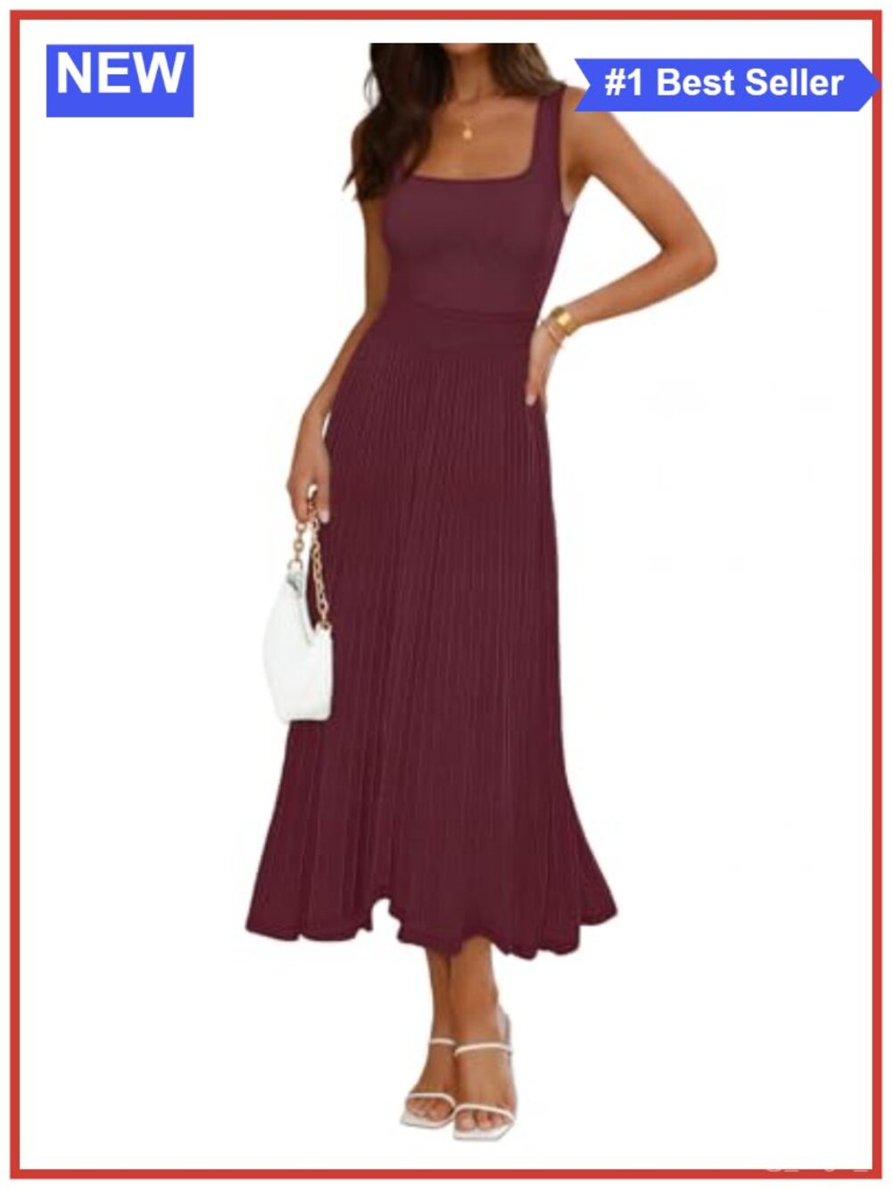 Elegant Midi Dress Sleeveless Square Neck Pleated A-Line Ribbed Knit Cocktail